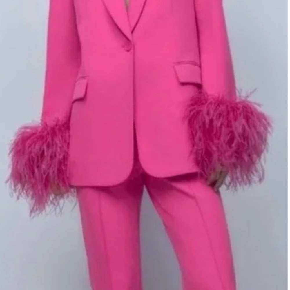 Zara Hot Pink Feather Cuff Blazer & Trousers Set